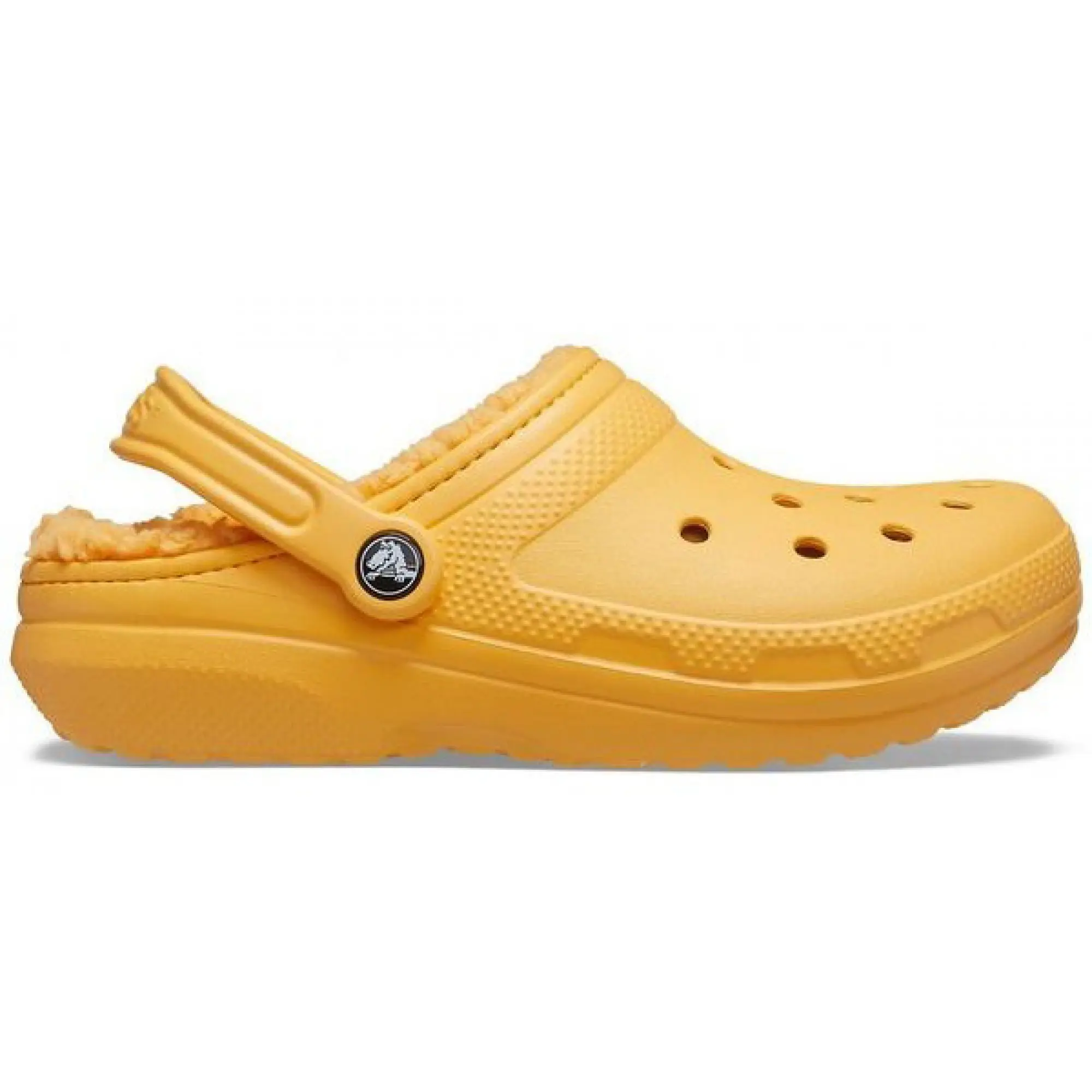 Yellow crocs with fur on sale